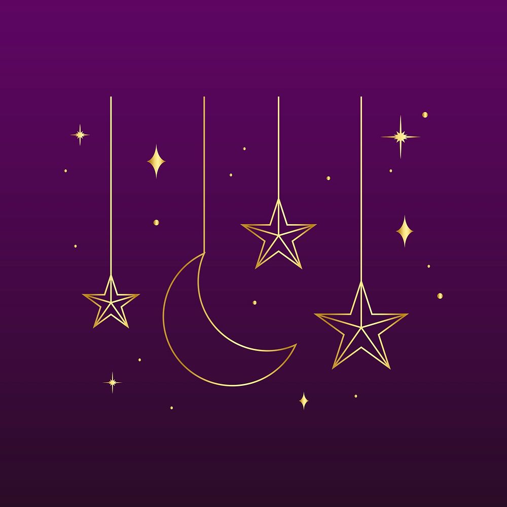 Golden celestial sticker line art, dark purple background psd