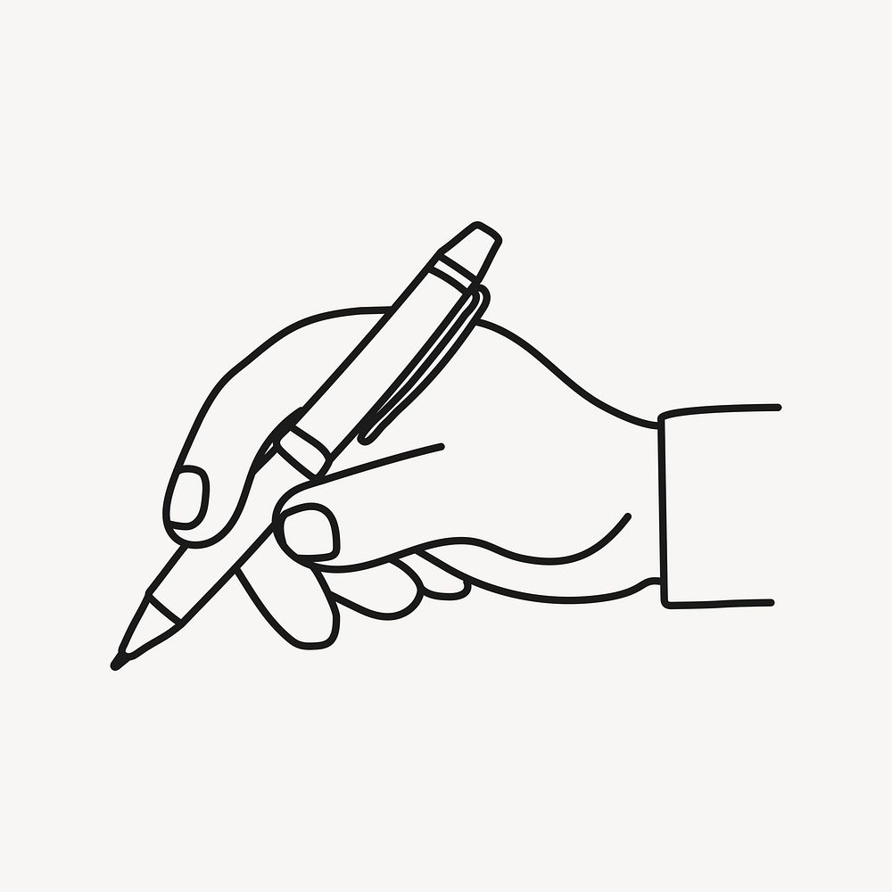 Hand holding pen sticker, business concept doodle line art psd