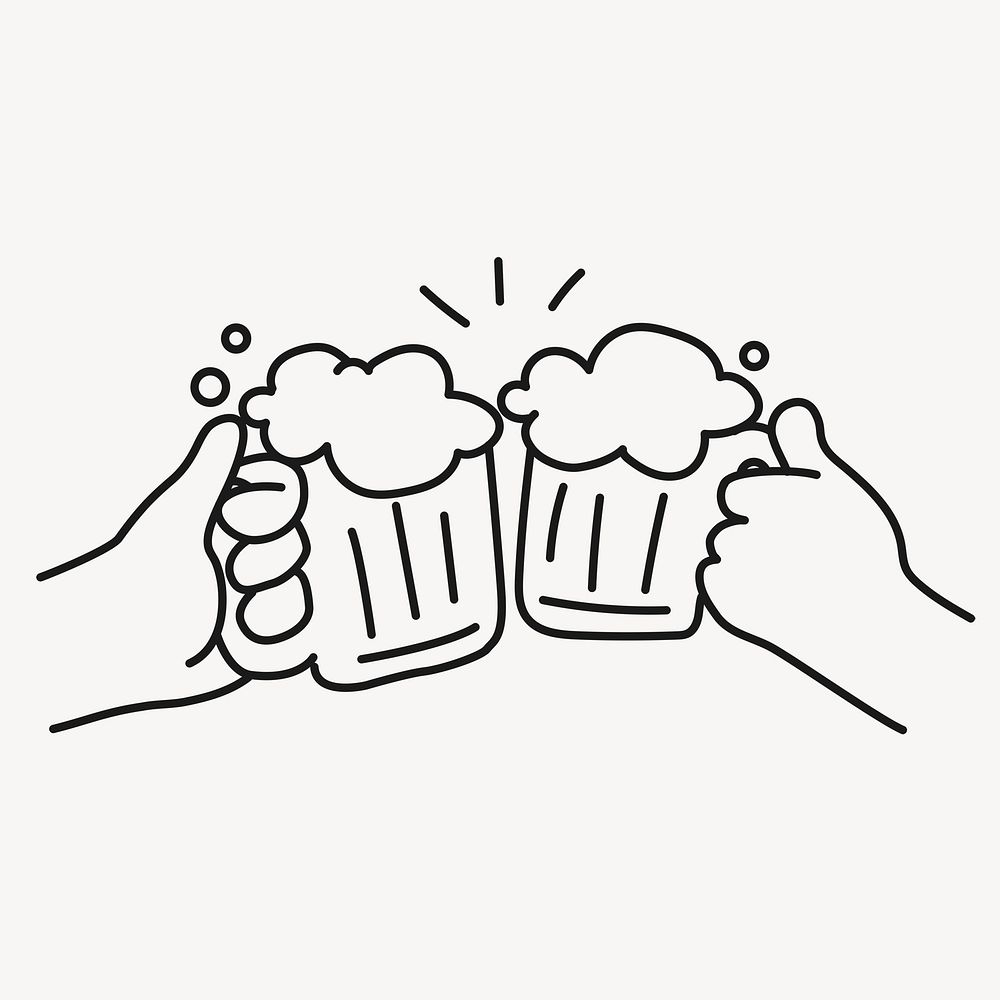 Beers cheering doodle clipart, celebration line art illustration psd