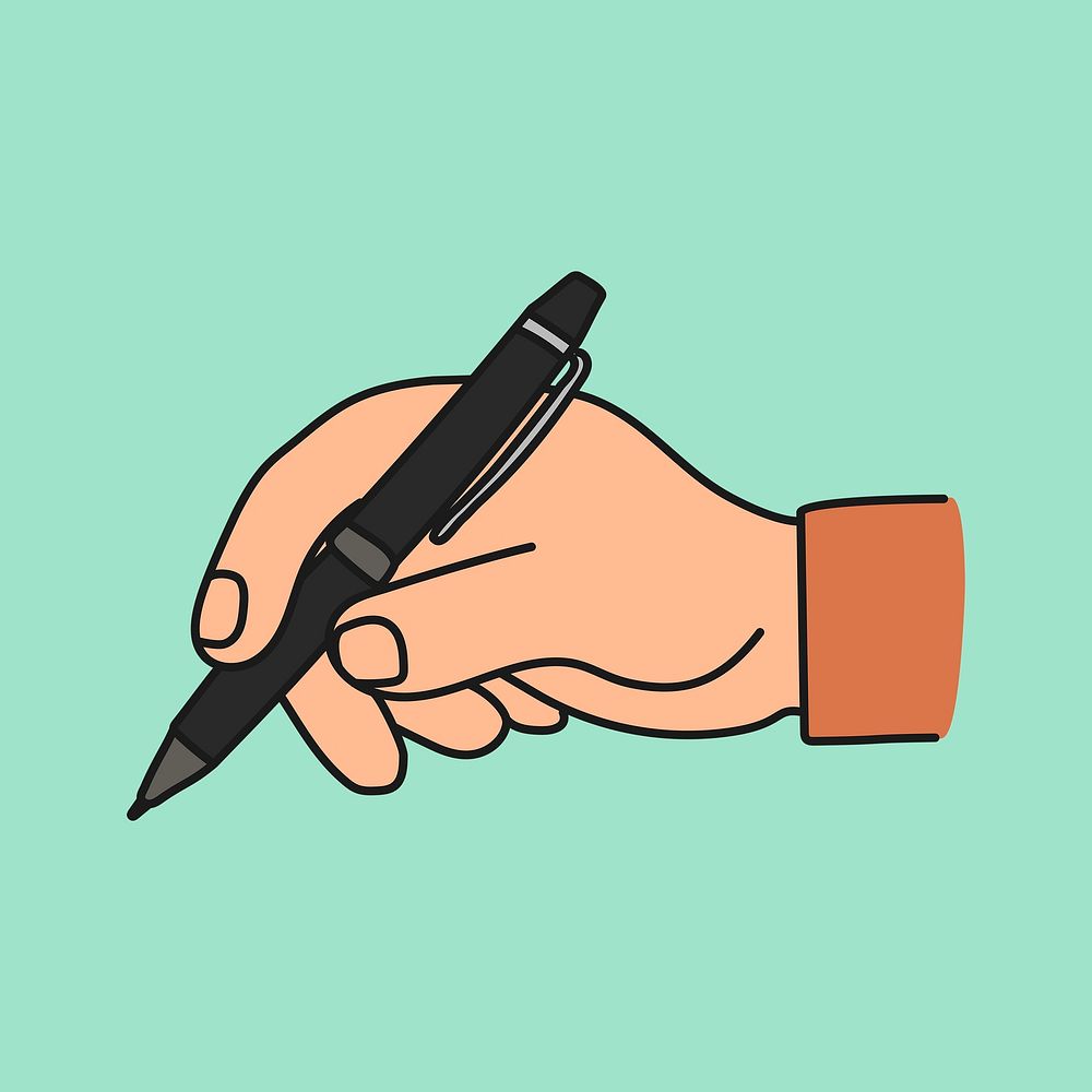 Hand holding pen sticker, business concept, creative doodle psd