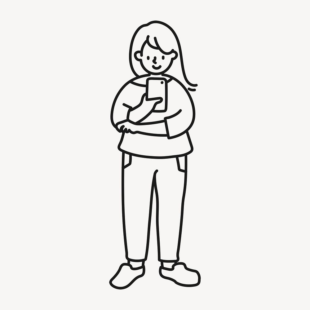 Woman using phone sticker, social media doodle line art cartoon psd