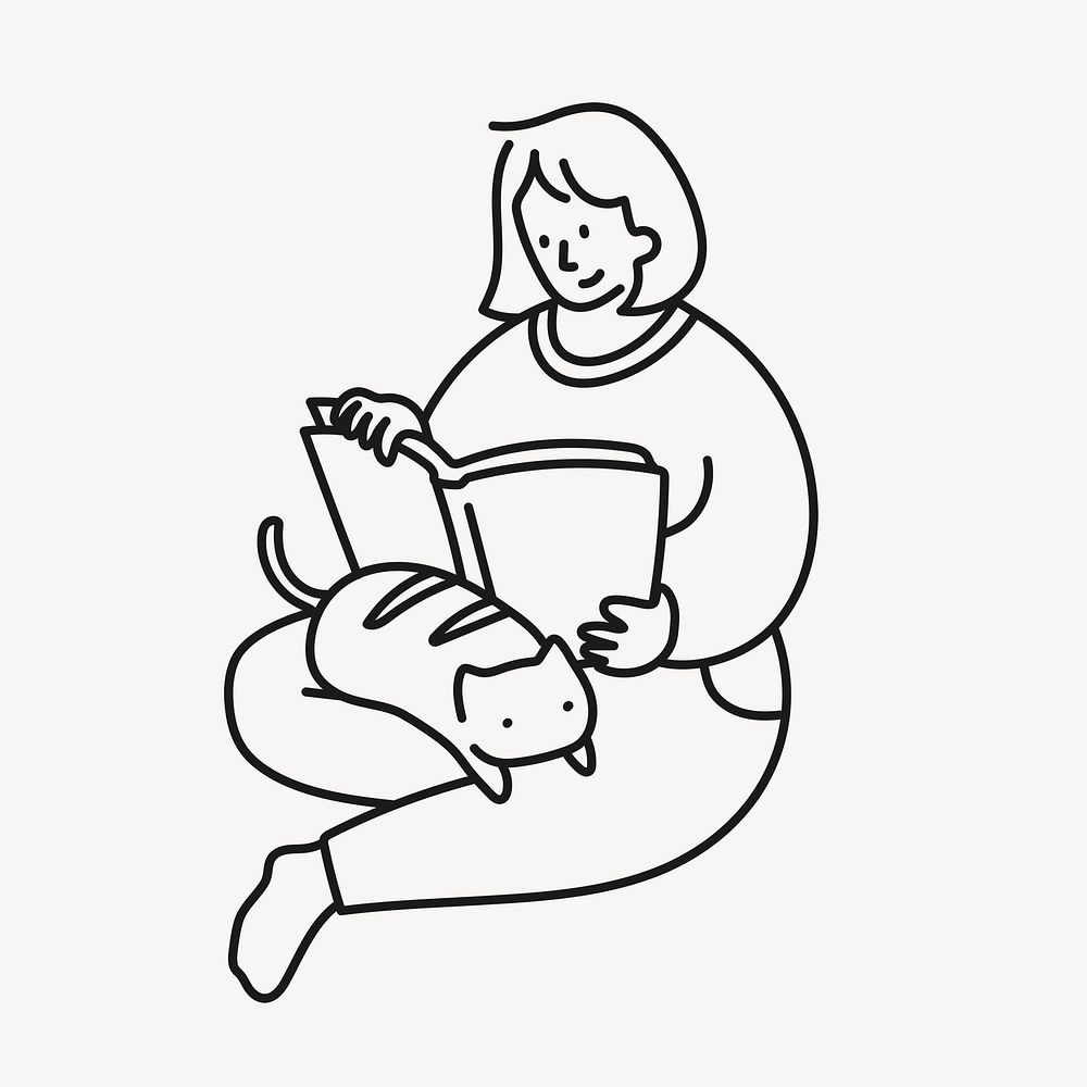 Woman reading book sticker, hobby doodle line art cartoon psd