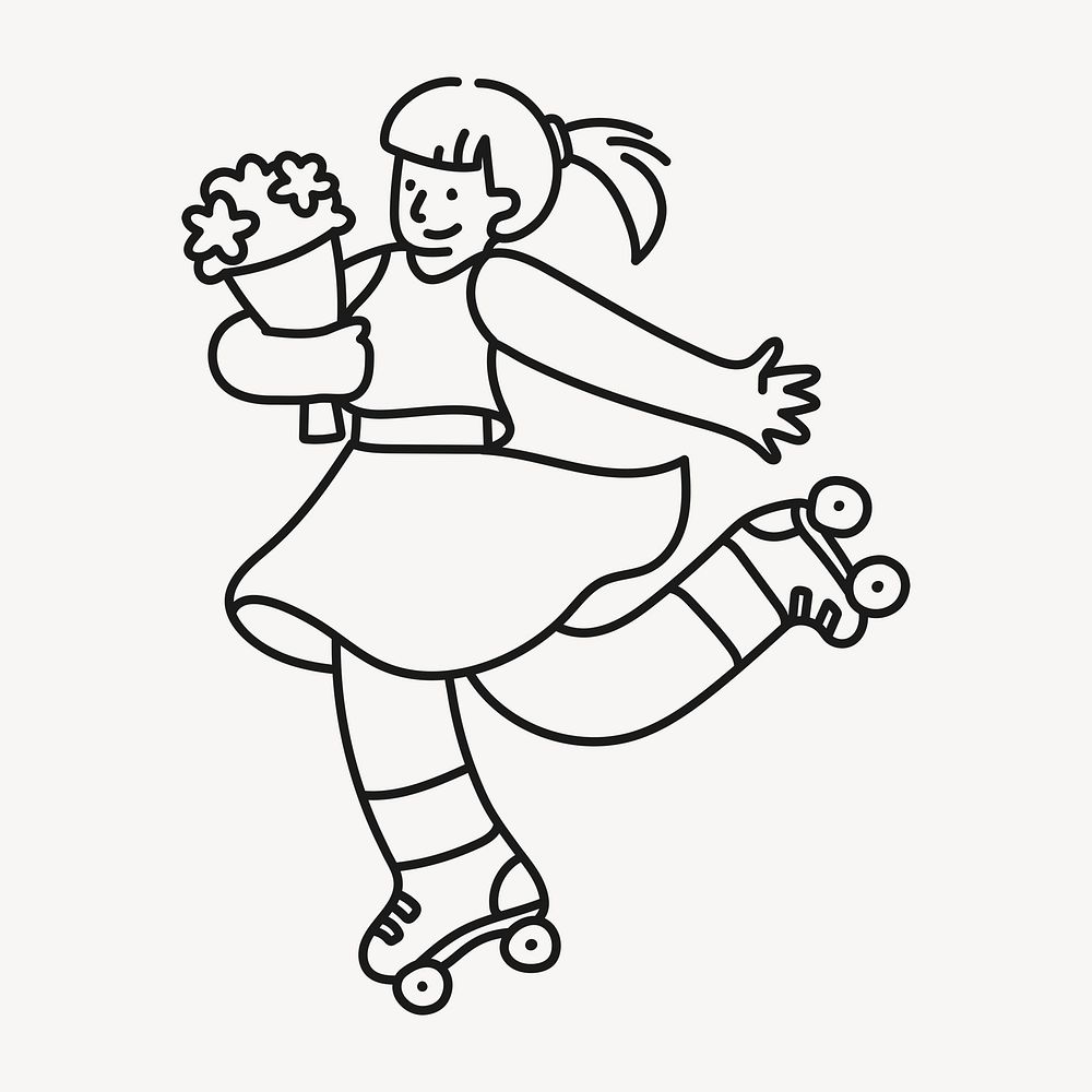 Roller skating girl sticker, hobby doodle line art cartoon psd