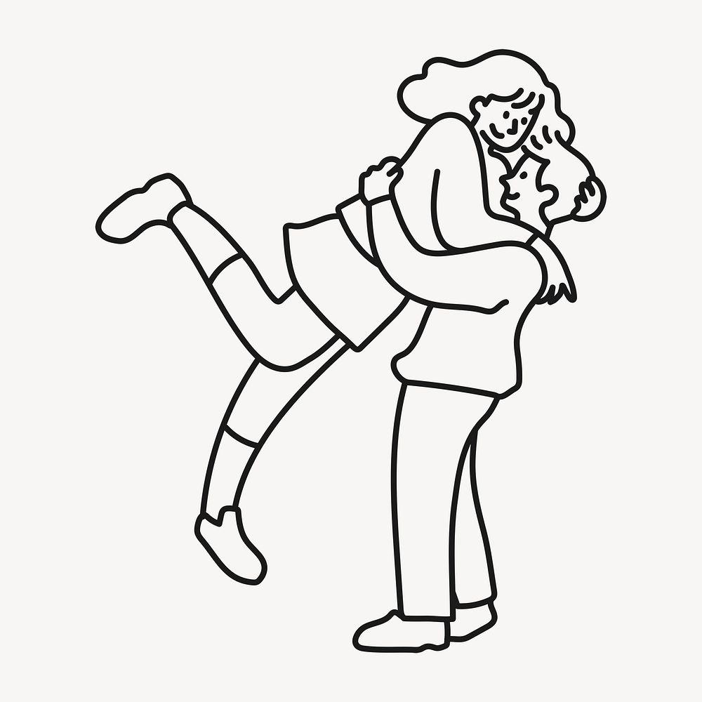 Couple jumping hug sticker, love doodle line art cartoon psd