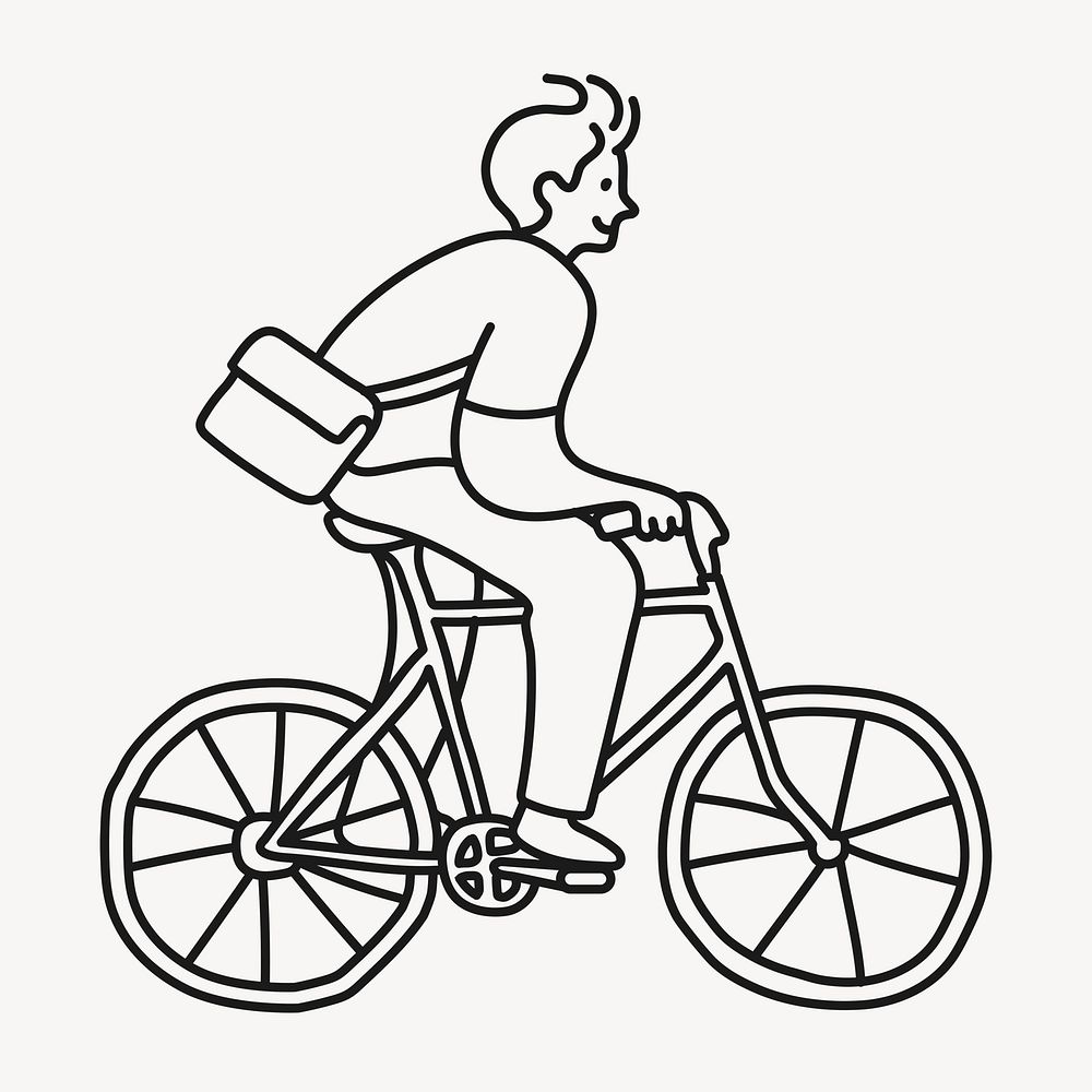Man riding bike sticker, sustainable lifestyle doodle line art cartoon psd