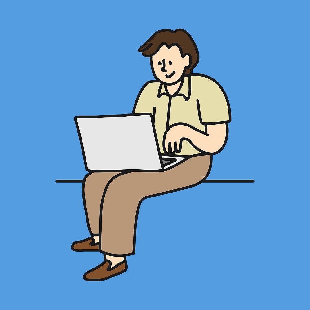 Man using laptop sticker, job creative cartoon doodle psd