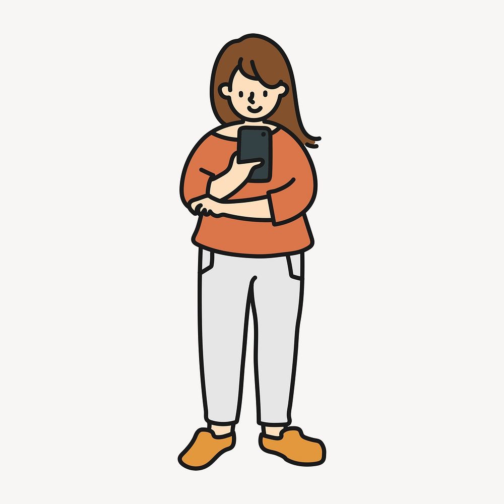 Woman using phone sticker, social media creative cartoon doodle psd
