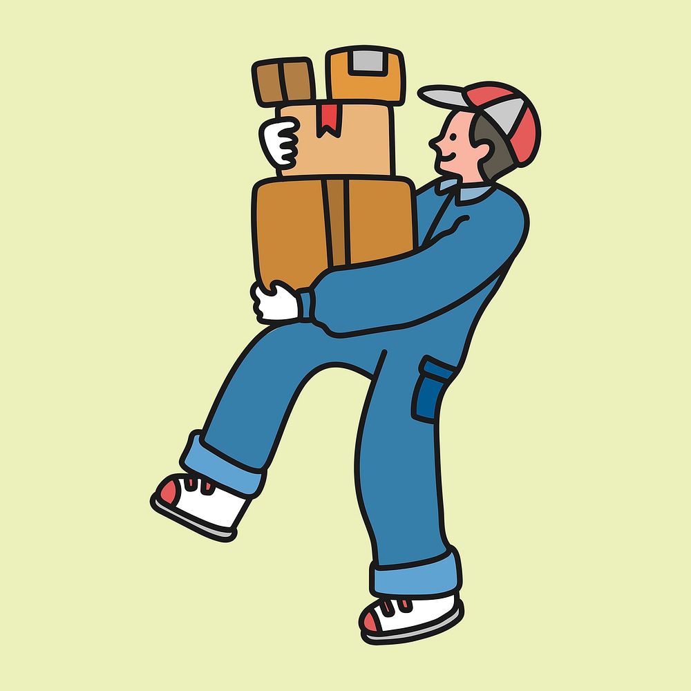 Package delivery man sticker, logistics job creative cartoon doodle psd
