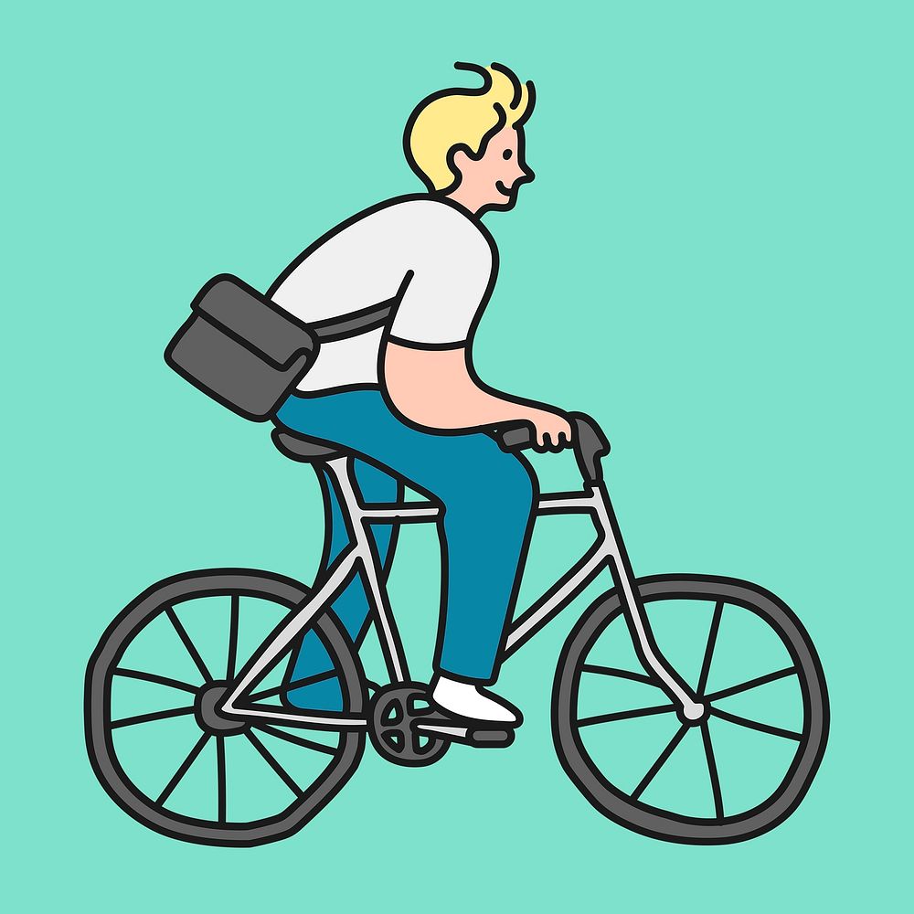 Man riding bike sticker, sustainable lifestyle creative cartoon doodle psd