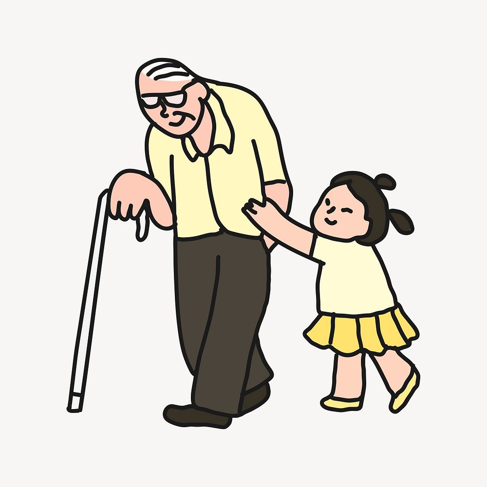 Grandfather & granddaughter clipart, family illustration psd