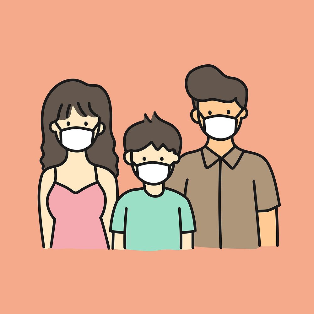 Family wearing mask clipart, covid-19 pandemic illustration psd