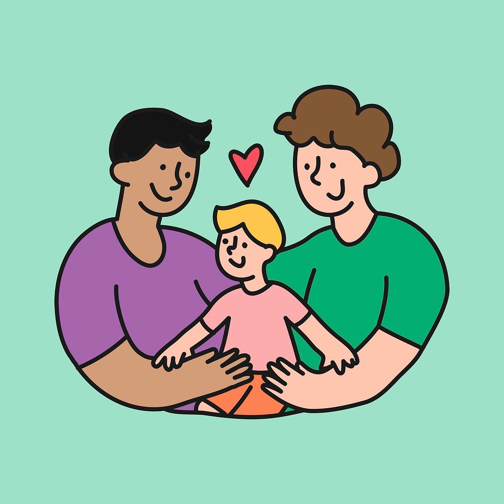 LGBTQ family clipart, gay couple with kid illustration psd