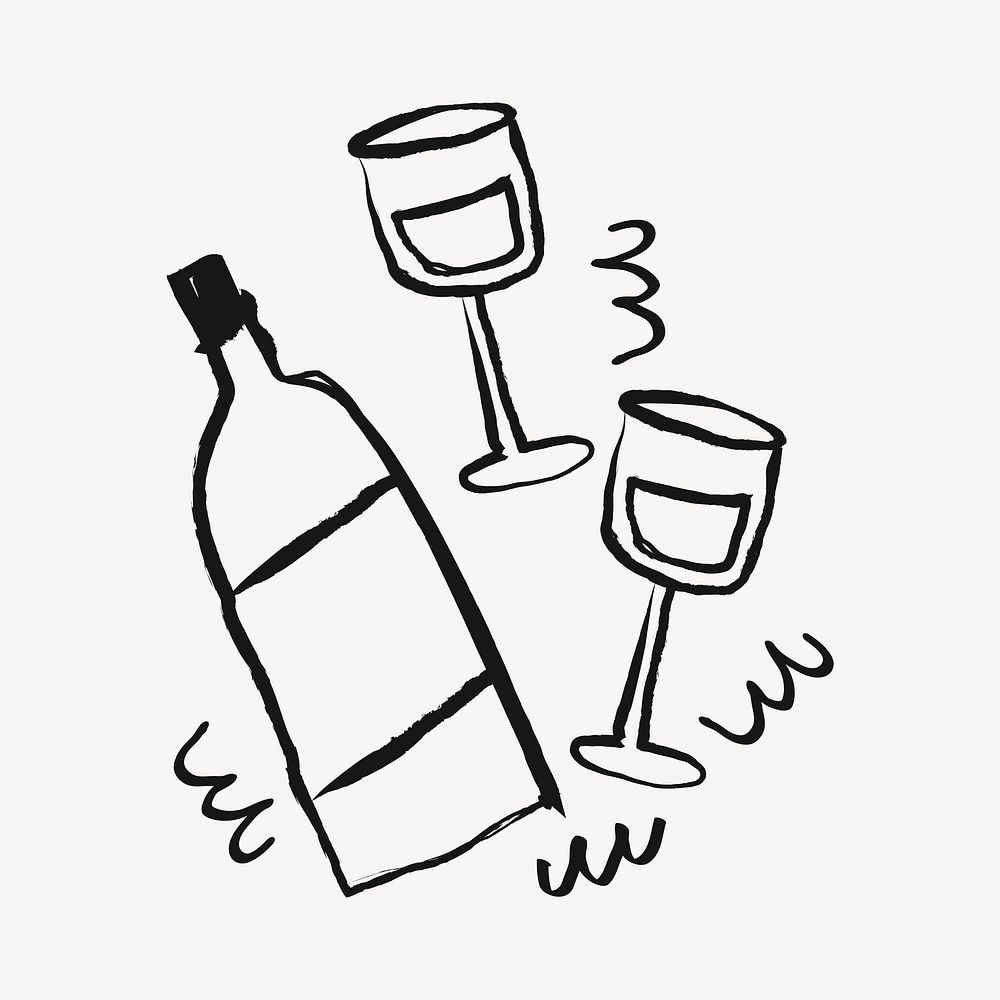 Wine glasses sticker, alcoholic drinks doodle in black psd