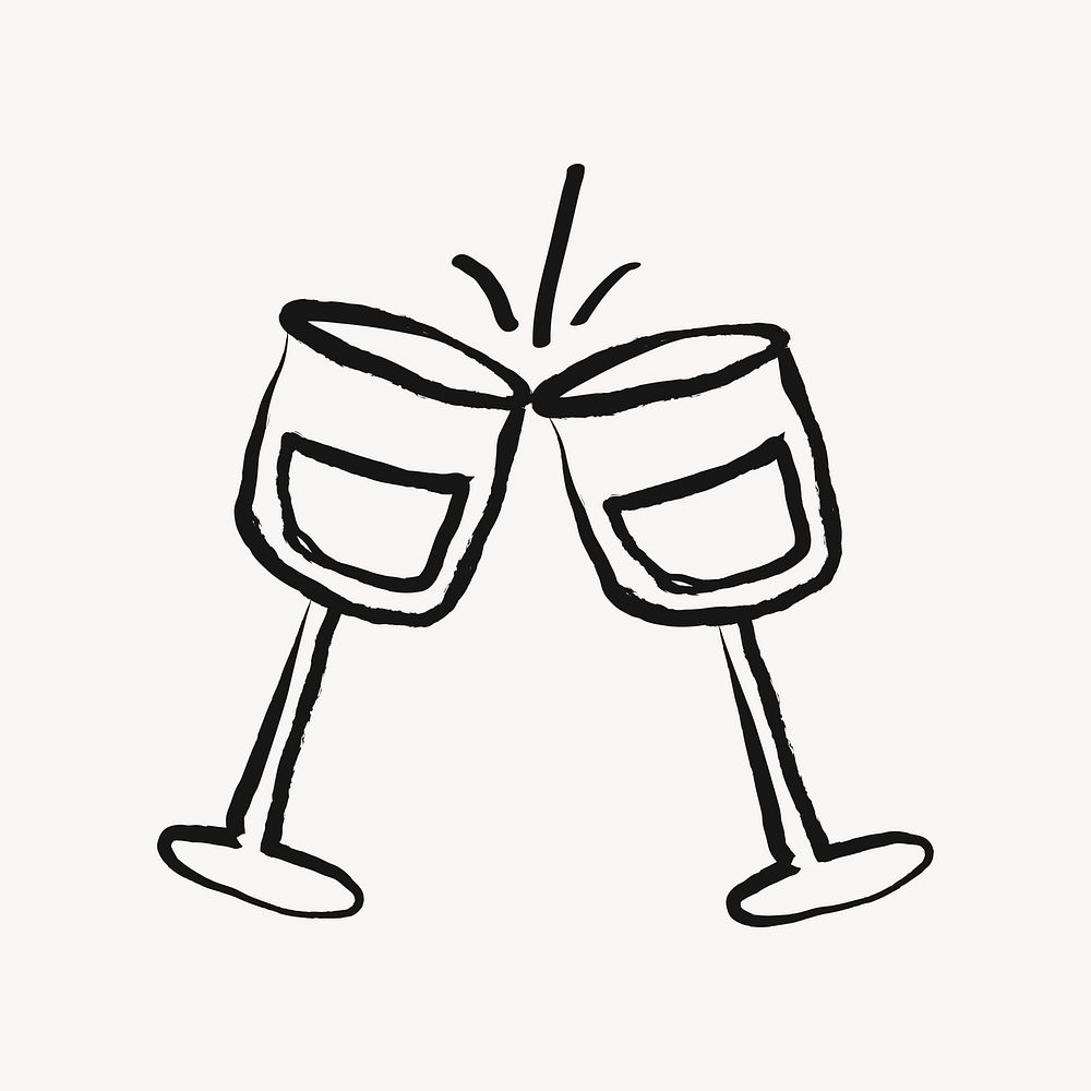 Clinking wine glasses sticker, alcoholic drinks doodle in black psd