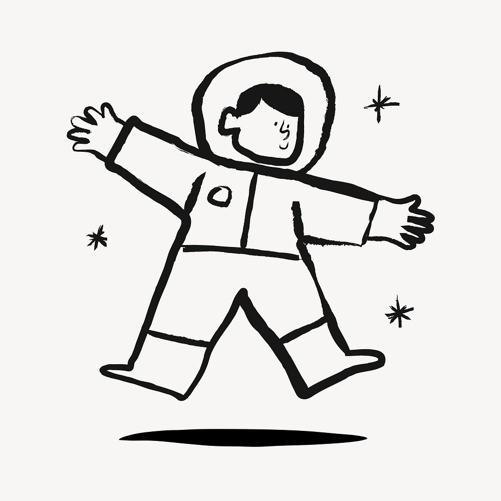 Cute astronaut, galaxy doodle in black