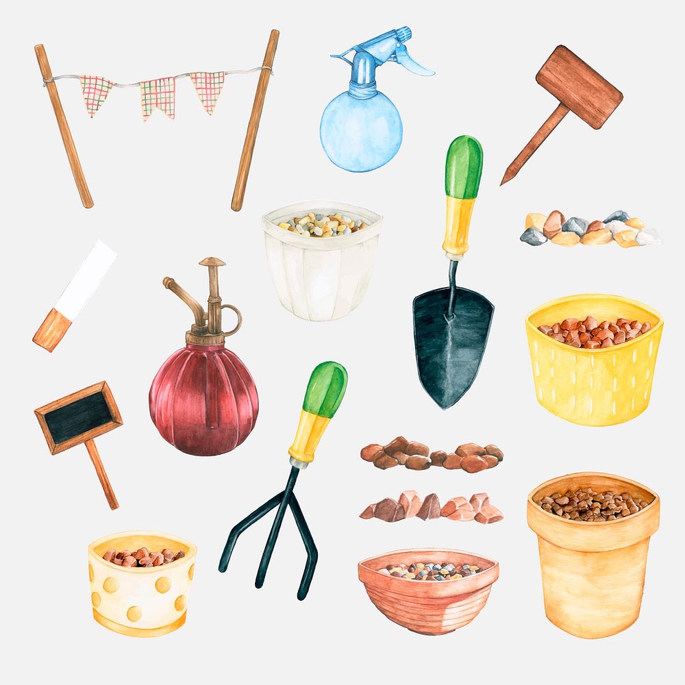 Gardening tools in watercolor vector sticker set