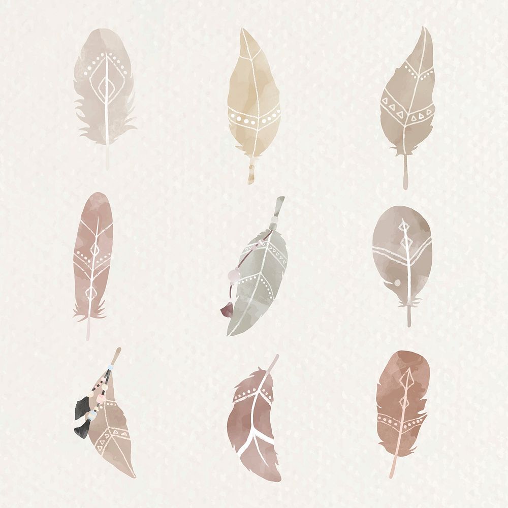 Watercolor feather Boho style vector set