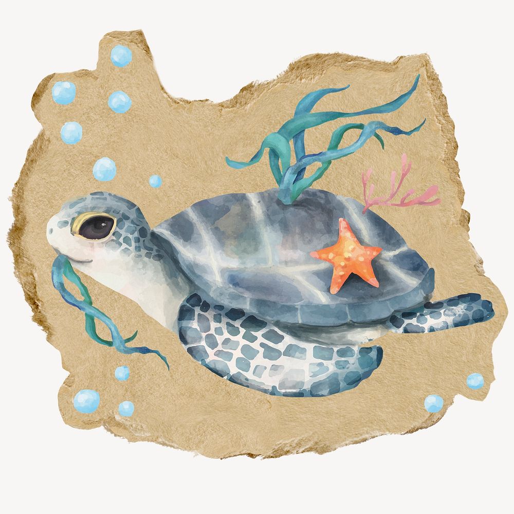 Sea turtle, ripped paper collage element