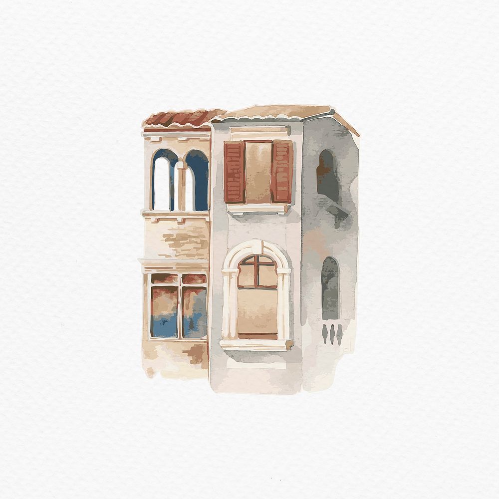 Psd watercolor old Mediterranean architectural illustration