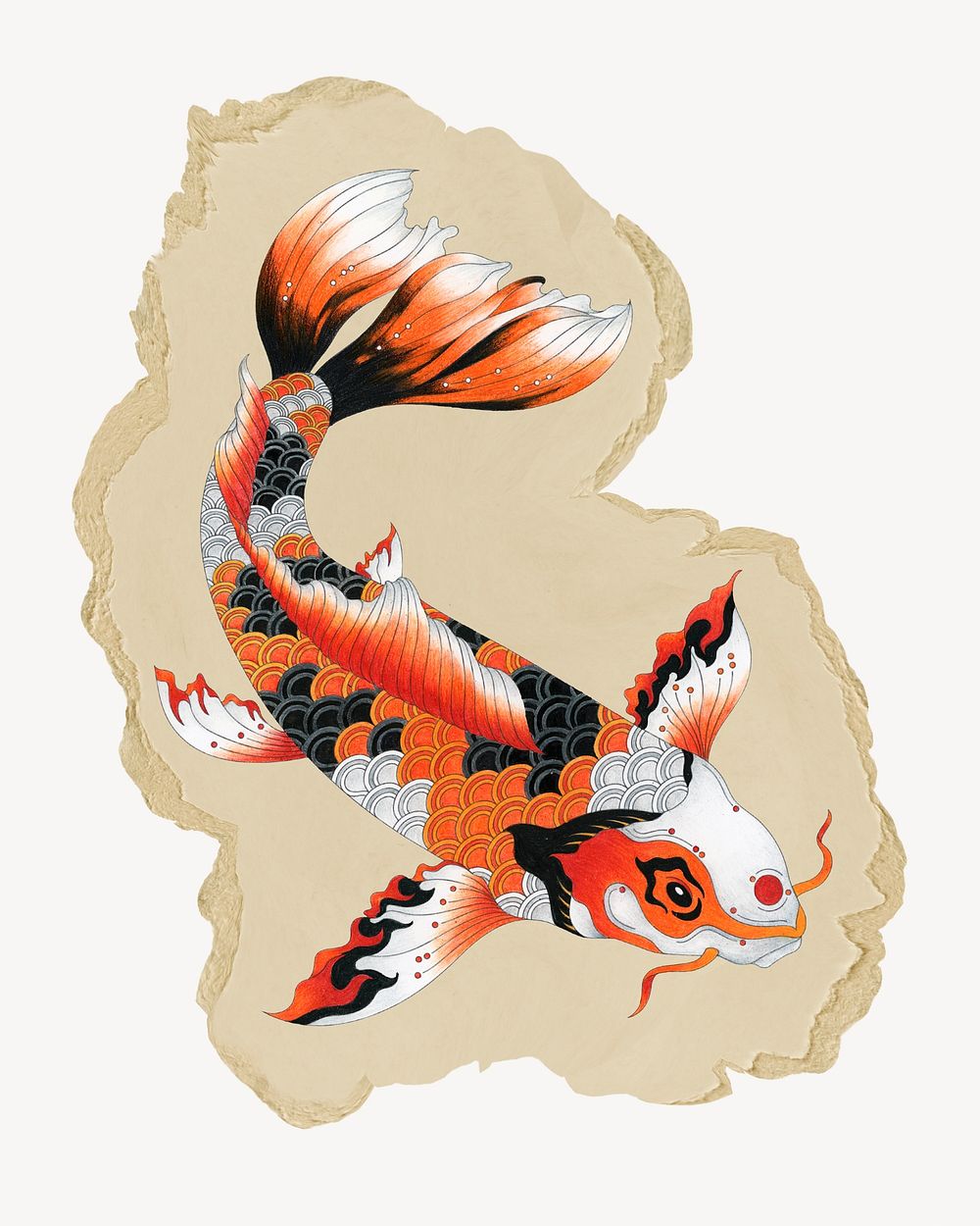 Japanese koi fish, ripped paper collage element