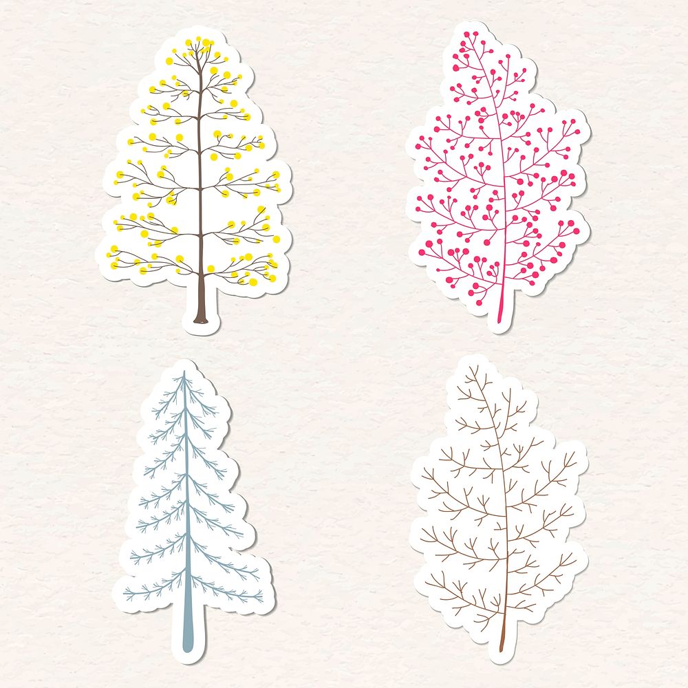 Cute pastel pine tree sticker with a white border vector set