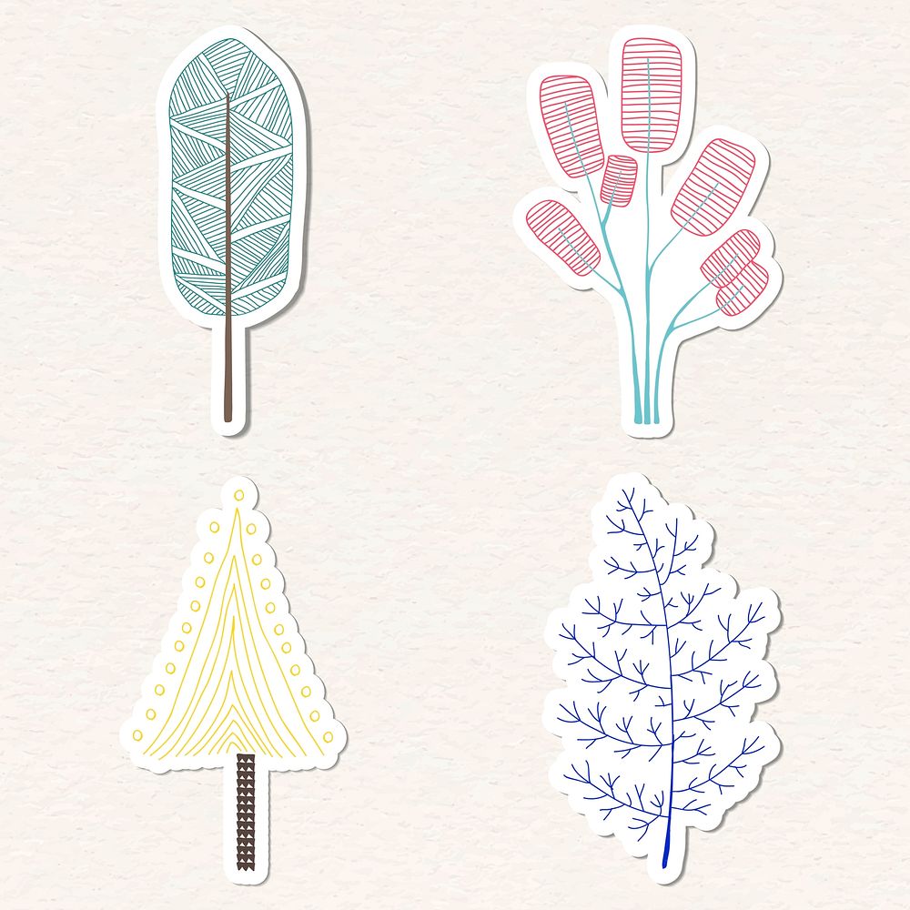 Cute pastel pine tree sticker with a white border vector set