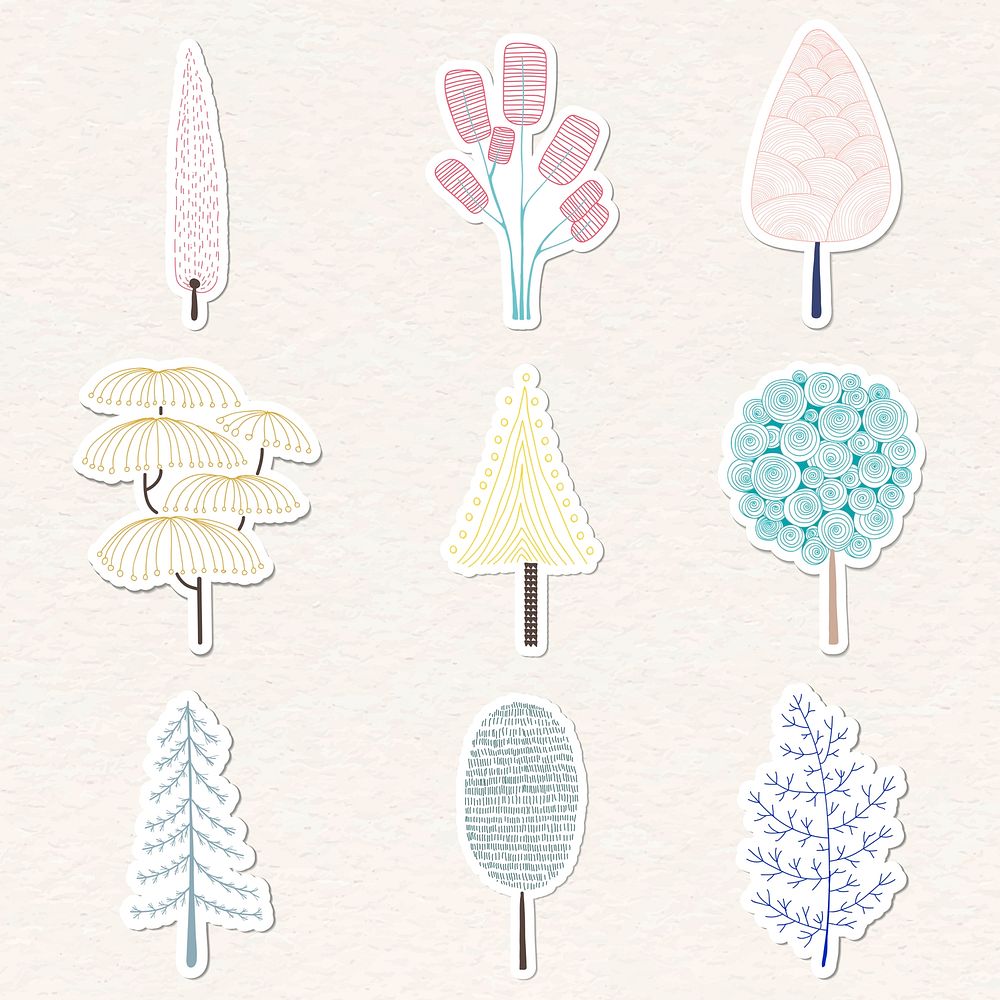 Cute pastel pine tree sticker with a white border vector set