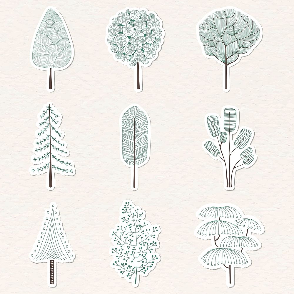 Cute pine tree sticker with a white border vector set