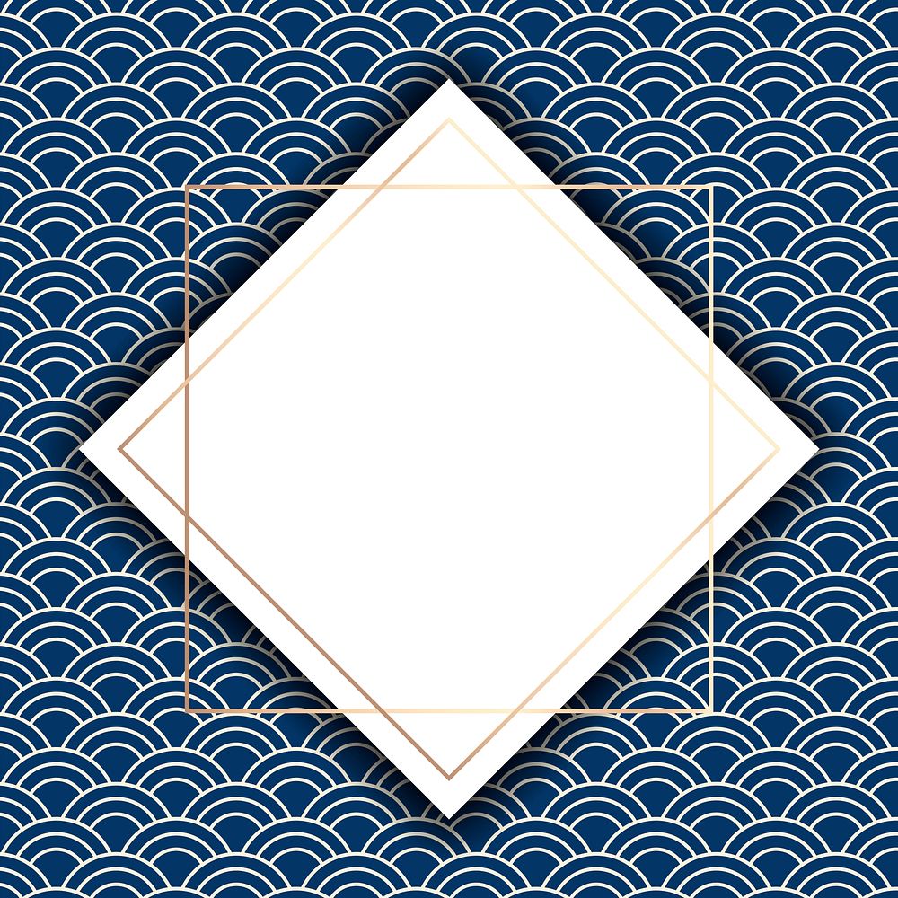 Gold frame on a blue Seigaiha Japanese seamless pattern vector