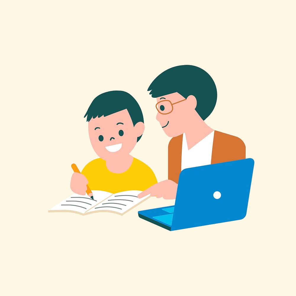 Boy psd studying online class with parent flat graphic
