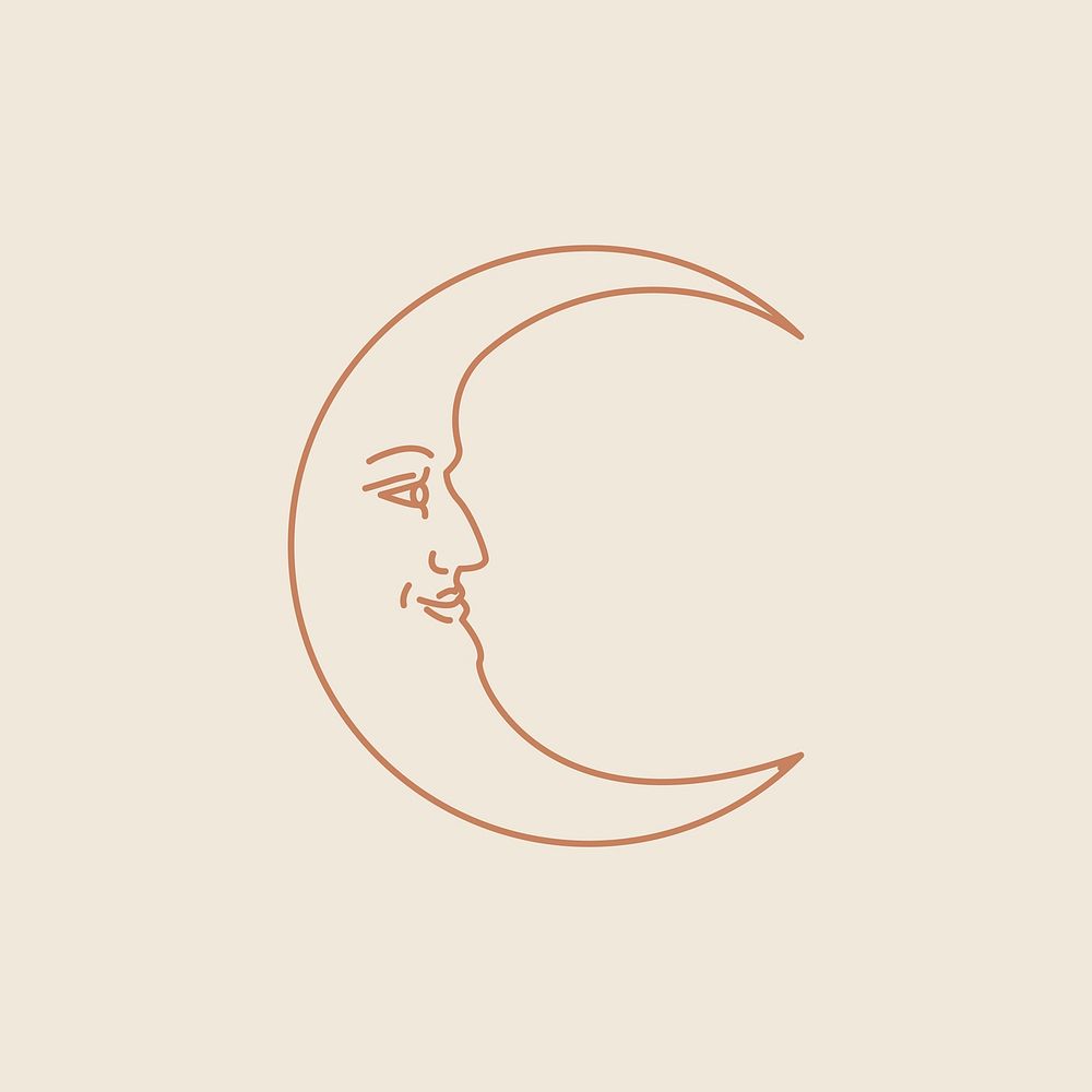 Crescent moon with face vector celestial linear style on beige background