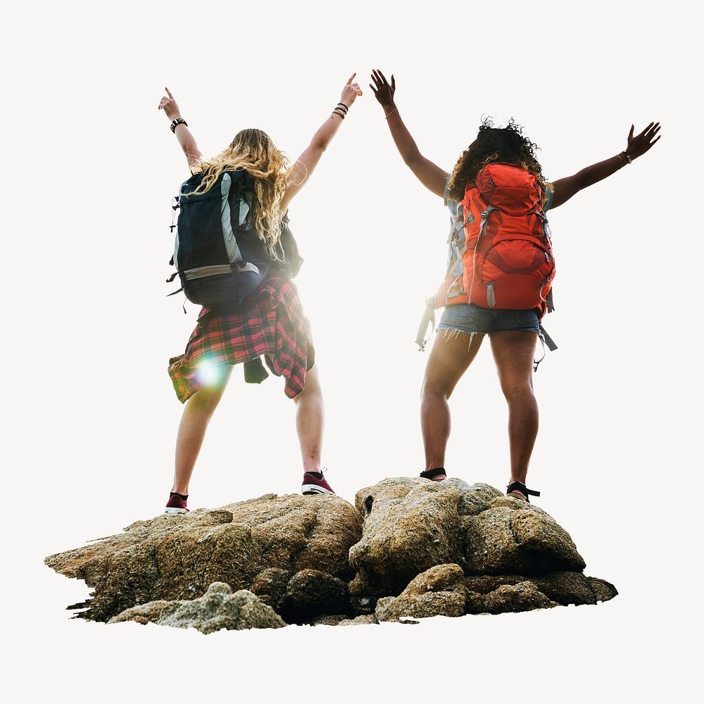 Backpacker friends traveling together collage element psd