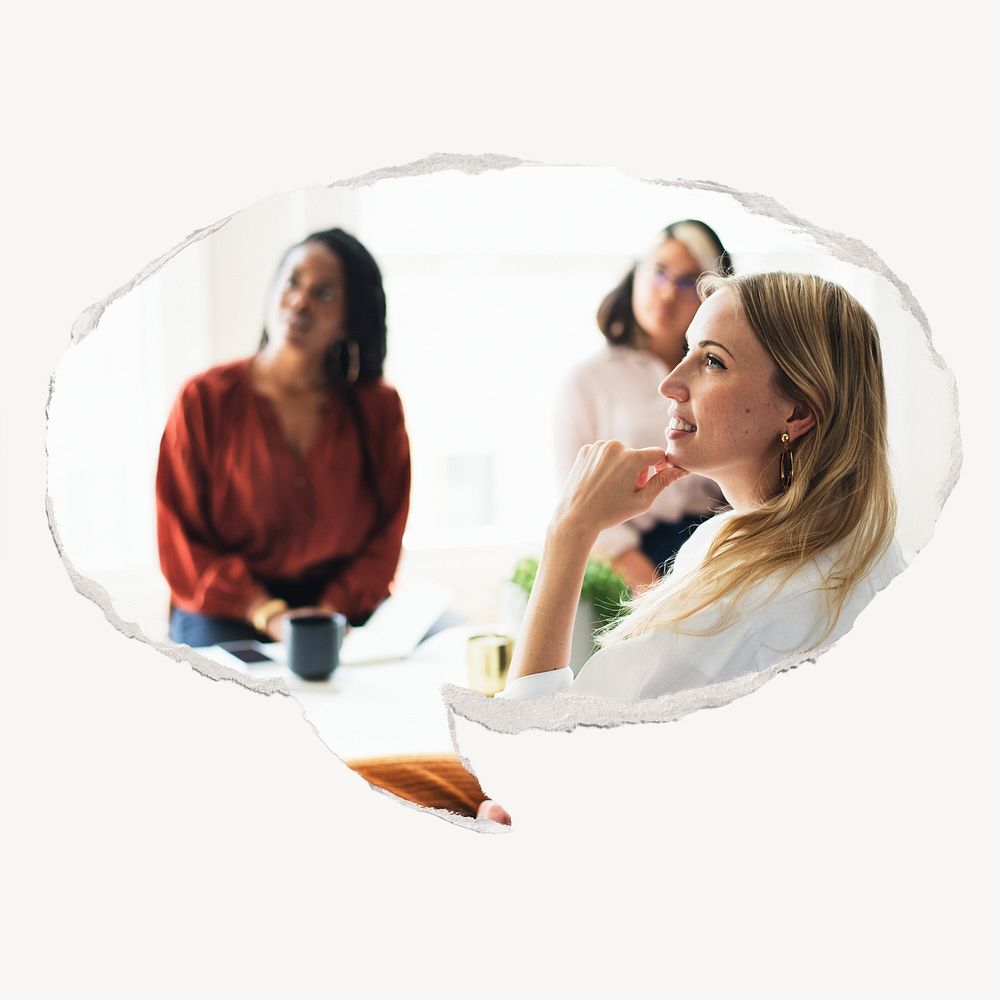 Businesswoman smiling in meeting, ripped paper speech bubble, business image