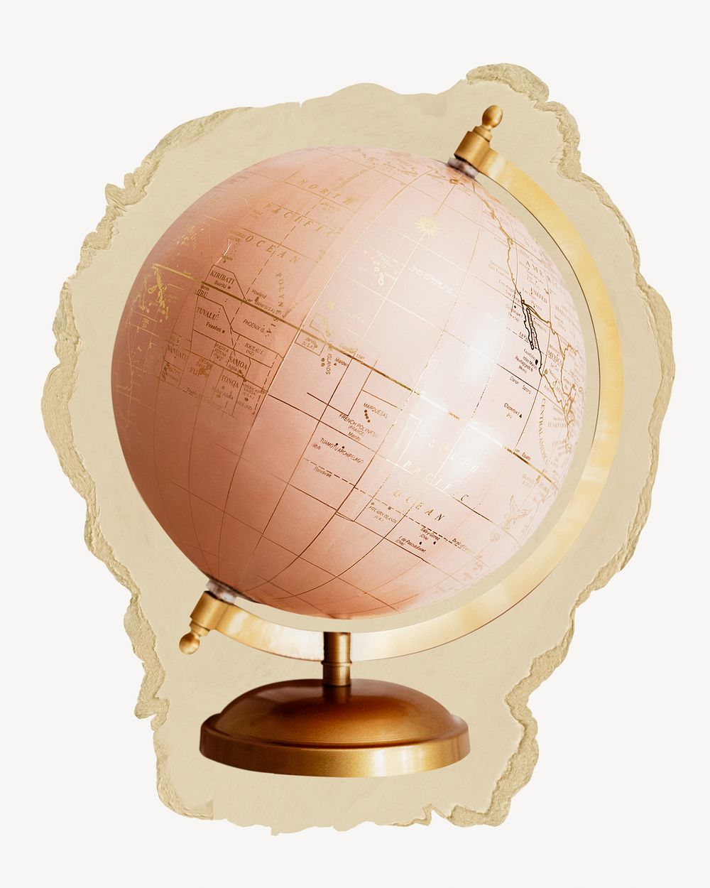 Pink globe, ripped paper collage element