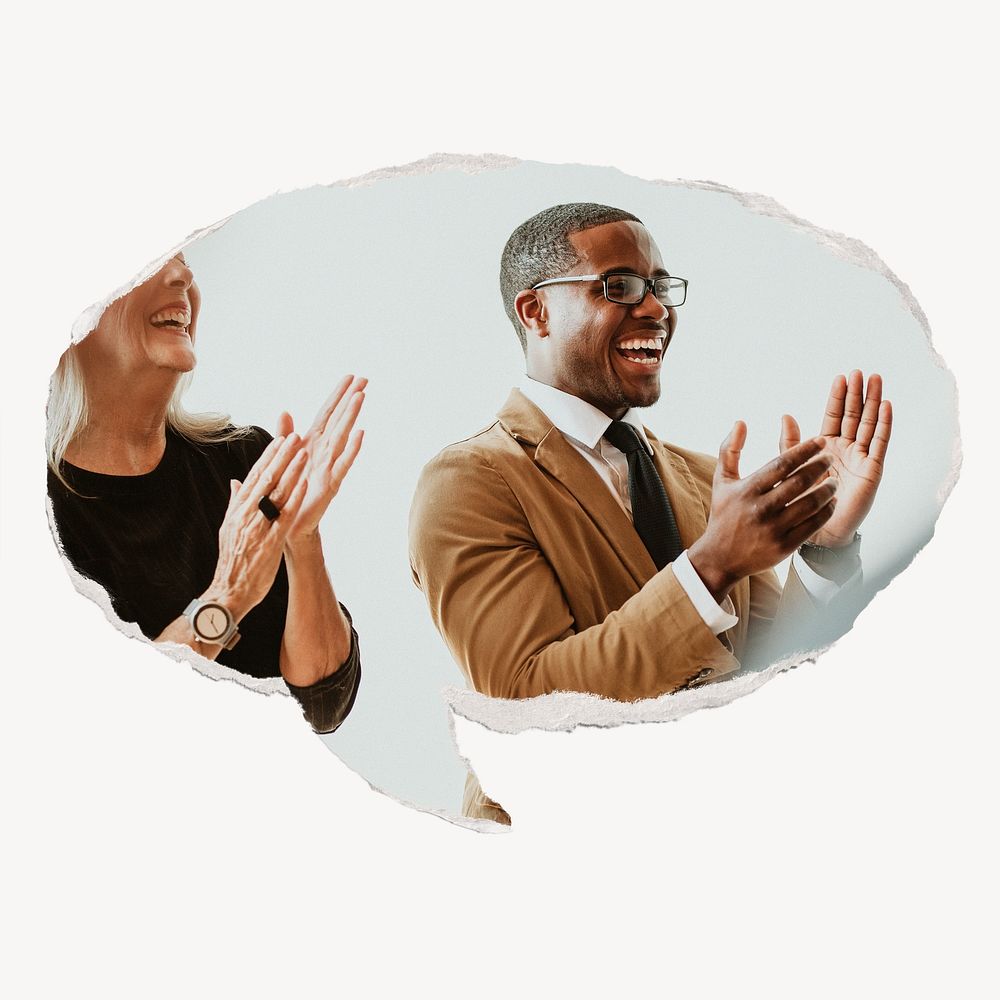 Black businessman clapping, ripped paper speech bubble, success image