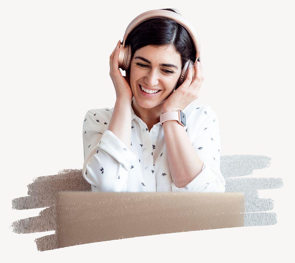 Woman listening to music photo on white background