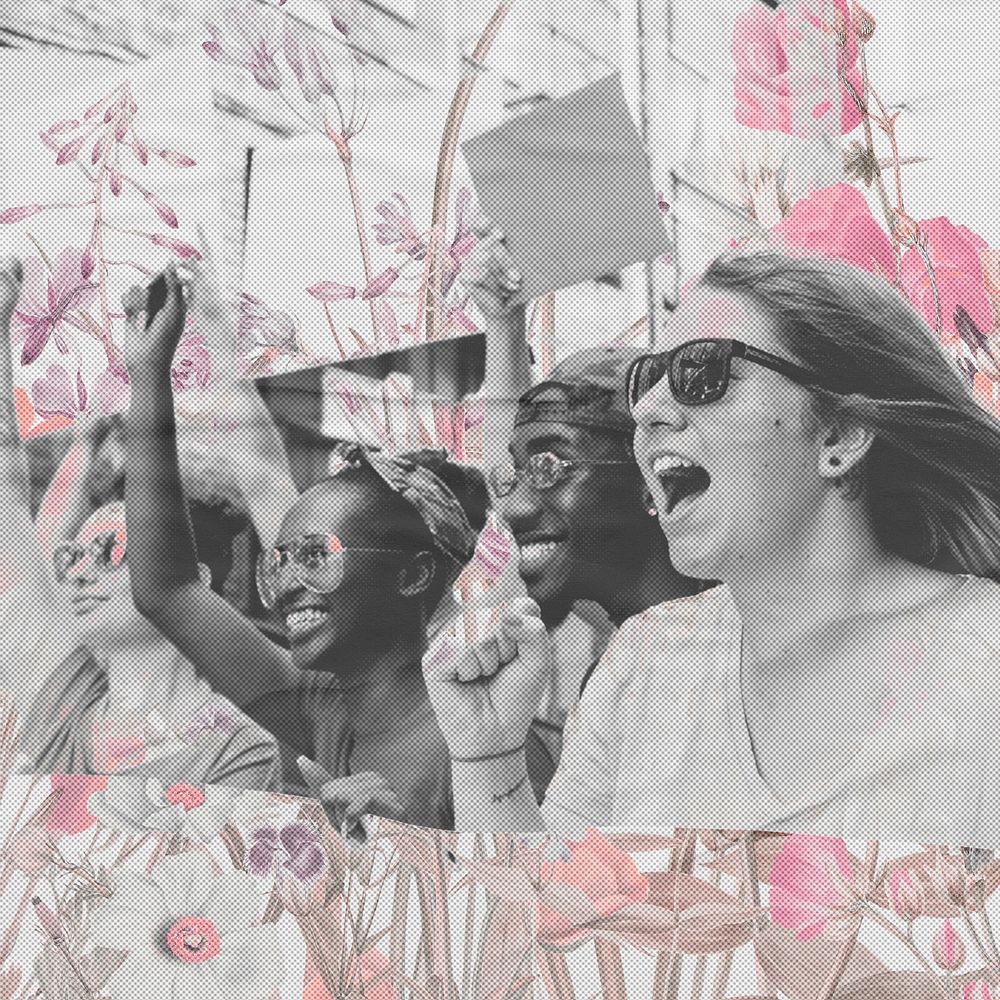 Teenagers protesting for human rights pink floral pop color remix background