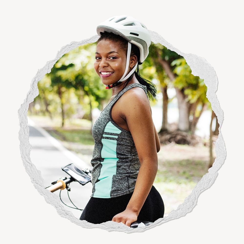 Healthy woman in ripped paper badge, fitness photo