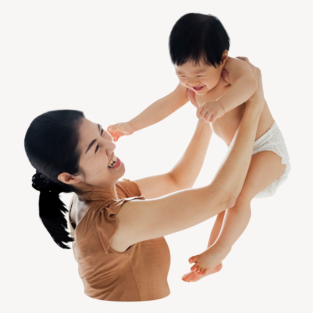 Mother holding toddler photo on white background