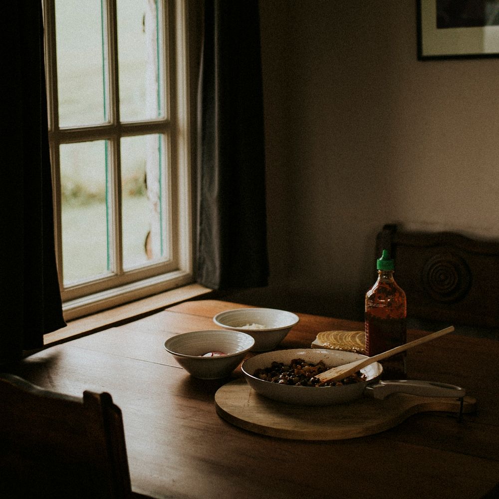 Food in the dark kitchen by the window