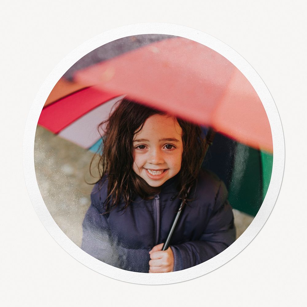 Little girl holding an umbrella in circle frame, rainy season image