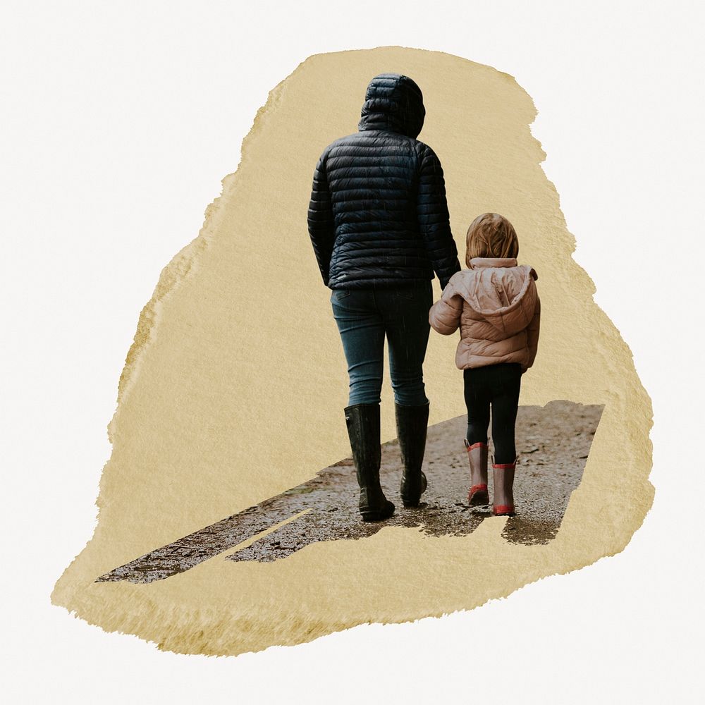 Mother walking kid, ripped paper collage element