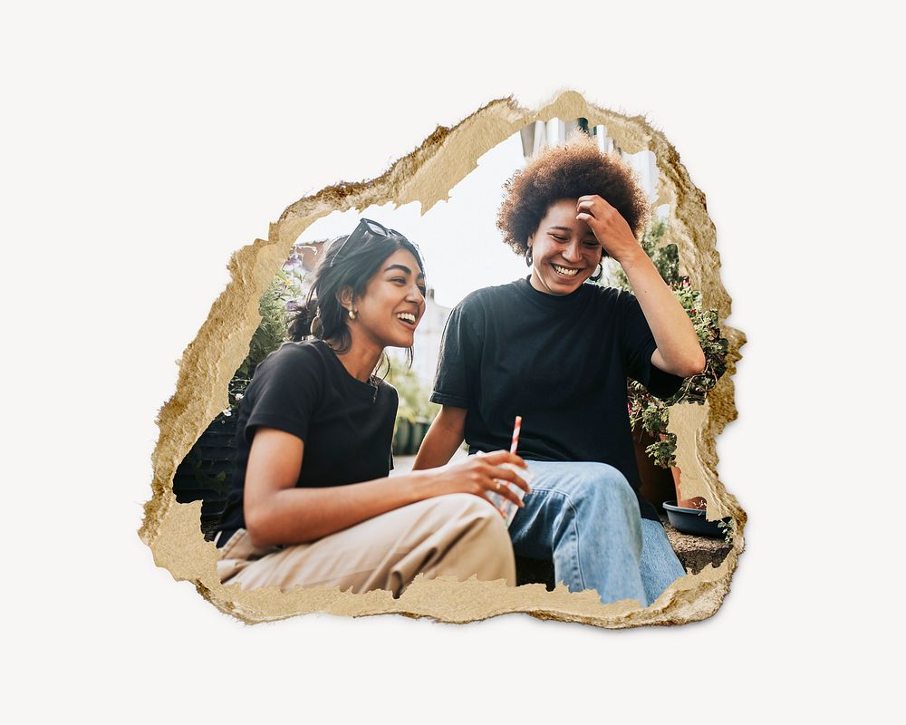 Women laughing, ripped paper collage element