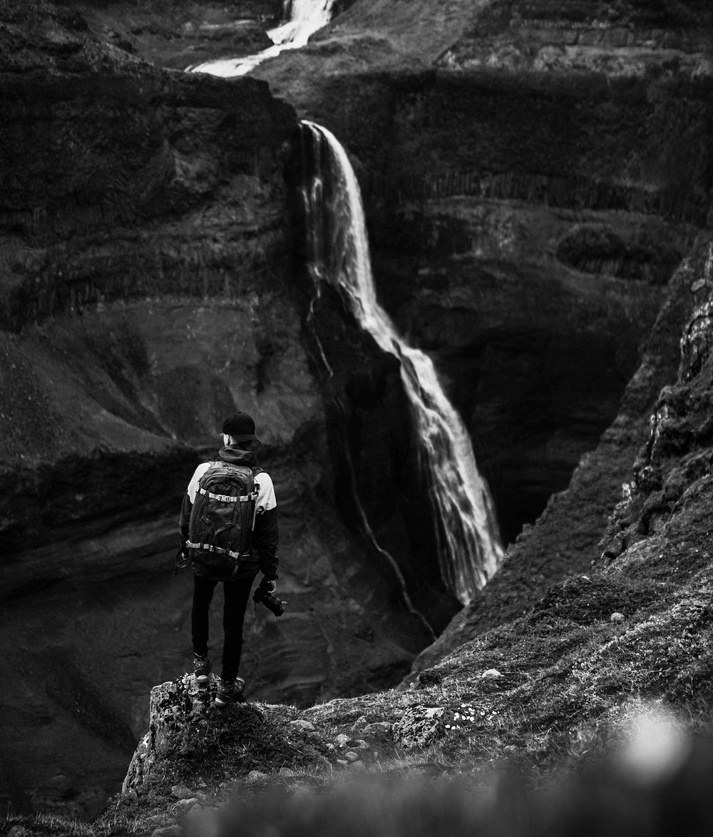 Photographer at the Haifoss waterfall, Iceland