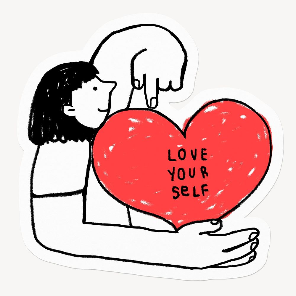 Cartoon holding love yourself red heart, health and wellness, drawing illustration