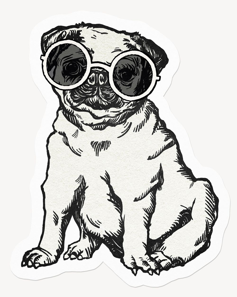 Pug dog wearing vintage sunglasses, drawing illustration