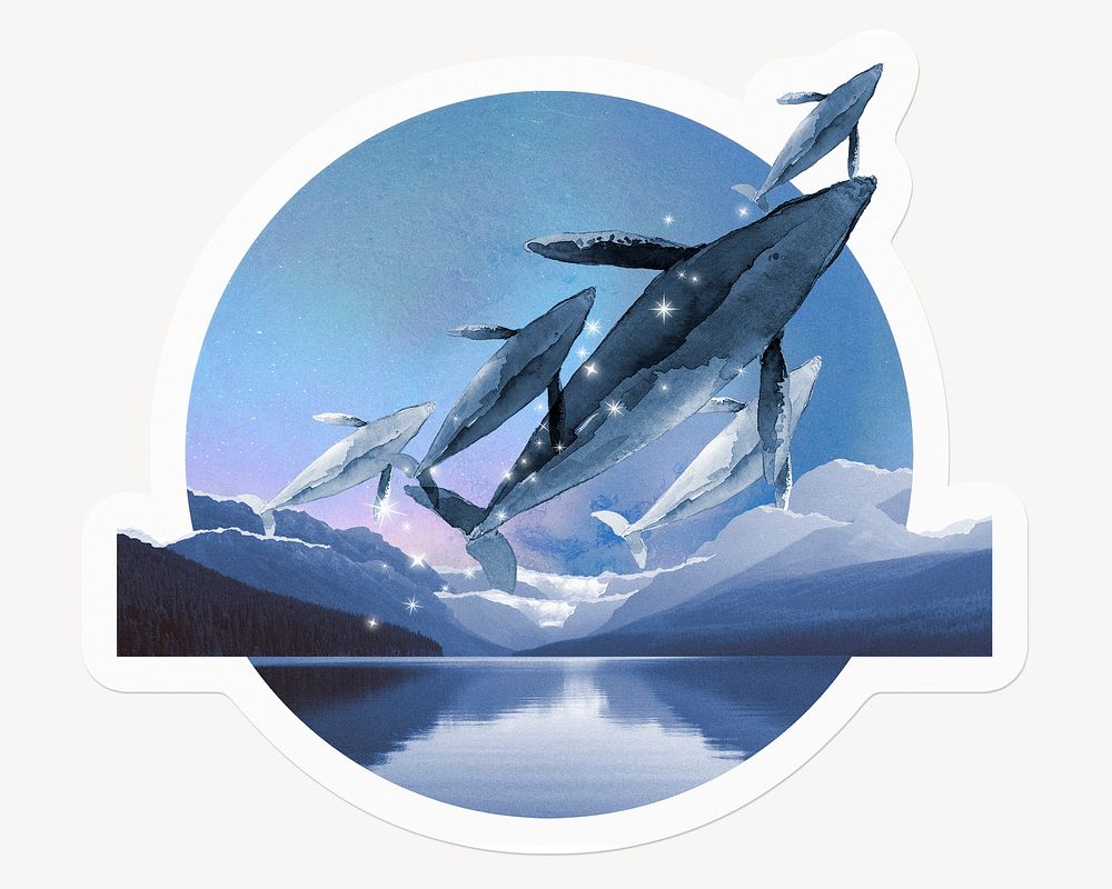 Jumping whale, round badge, watercolor illustration