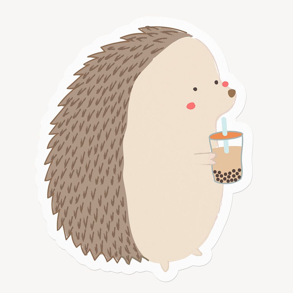 Cute hedgehog drinking bubble tea, drawing illustration
