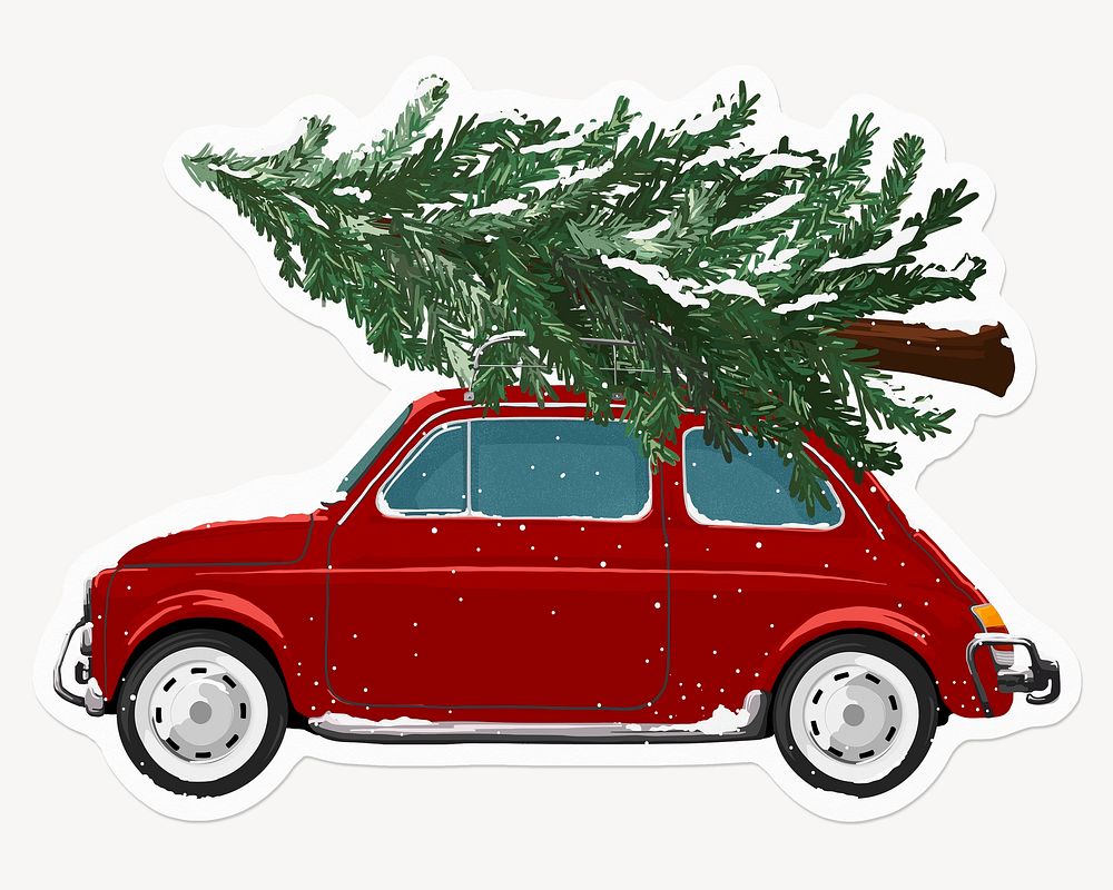 Christmas car, tree hauling on roof, drawing illustration