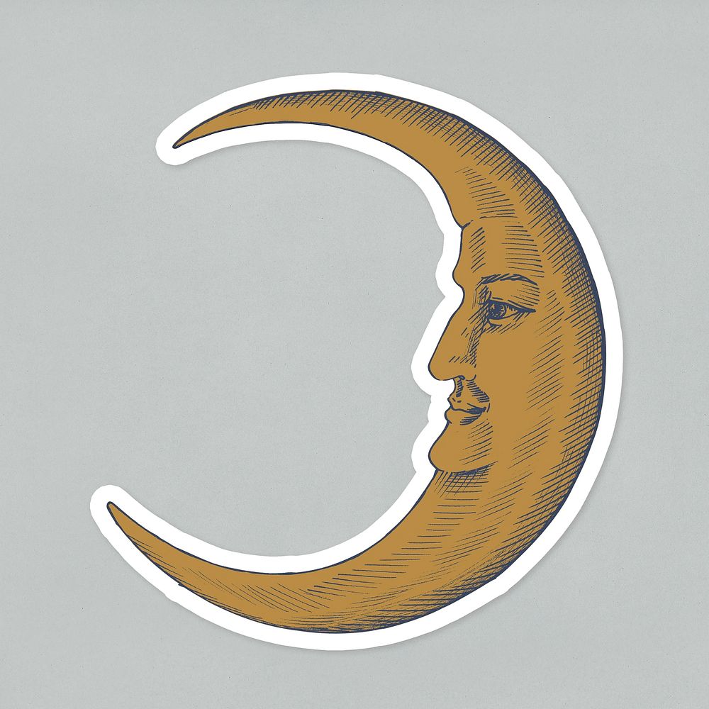 Hand drawn crescent moon with face sticker with a white border